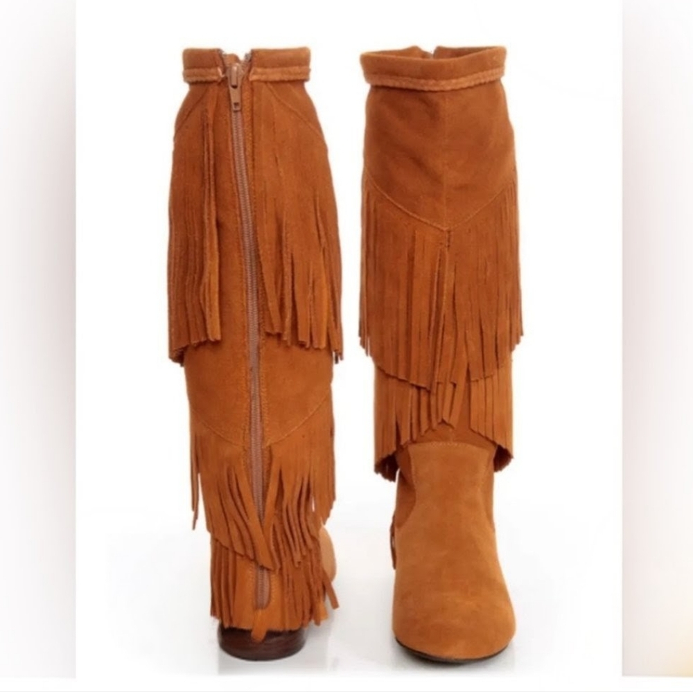 SBICCA Boho Western Fringed Tan Genuine Suede Tall Boots 7.5 Like New - Picture 3 of 6
